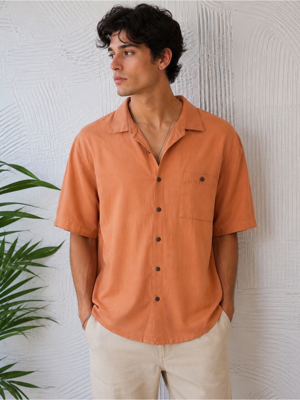 Men’s Short-Sleeve Button-Down Shirt in Terracotta Orange by Corona N0478